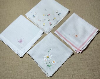 Vintage Lot of 4 Embroidered Flower Handkerchiefs  Hankies