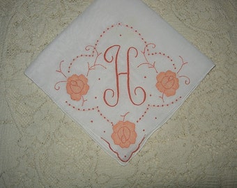 Vintage Hanky with an Orange initial H -  Hankie Handkerchief with Hand Embroidery