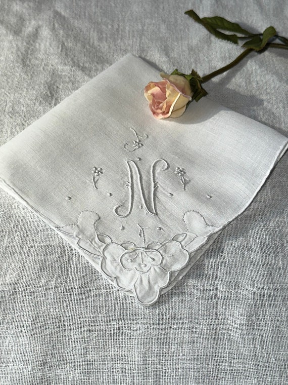 Vintage White Hanky with a White Initial N Hankie… - image 1