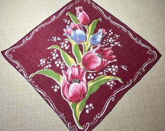 Vintage Burgandy Hanky with Pink and Red Flowers - Hankie Handkerchief