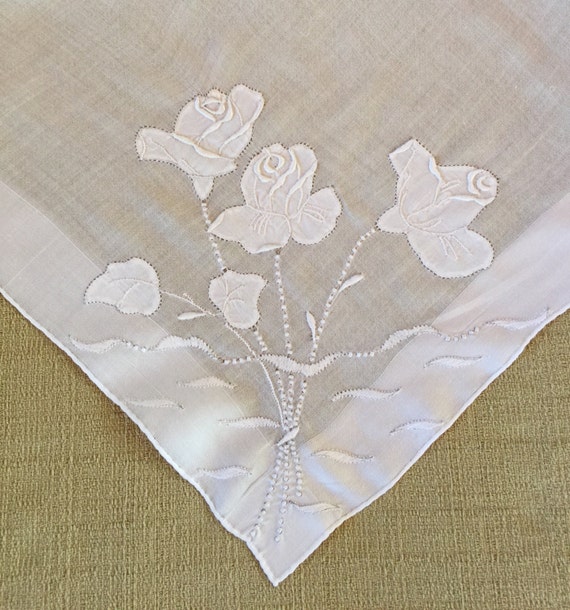 Vintage White Hanky with Hand Embroidered Flowers… - image 1