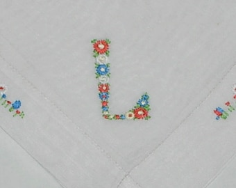Vintage White Hanky With a Petit Point Initial L - Handkerchief Hankie