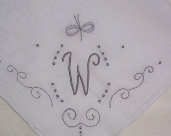 Vintage White Handkerchief with a Gray or Silver Initial W - Handkerchief Hankie