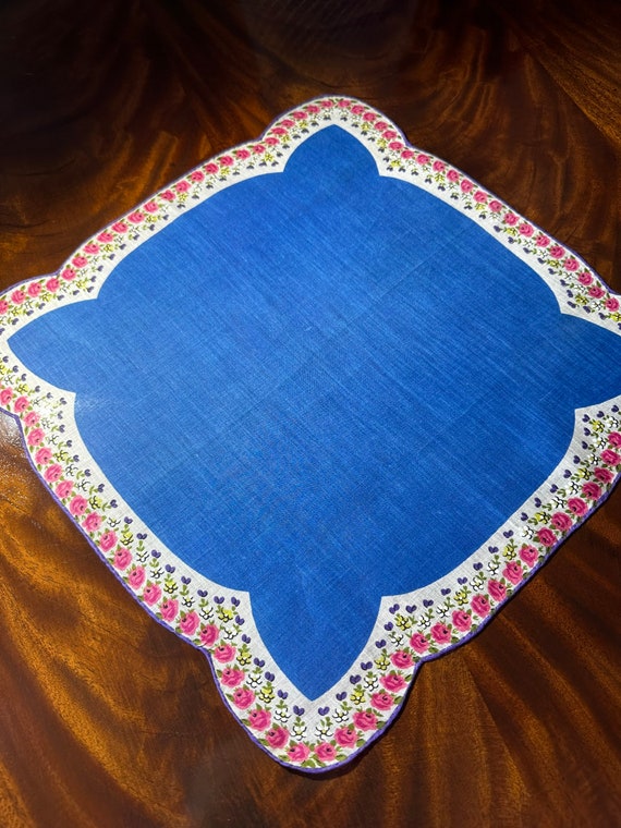 Vintage Blue Handkerchief with Pink Flowers Hankie