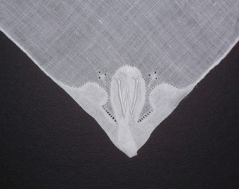 Vintage White Handkerchief with a White Initial W - Handkerchief Hankie