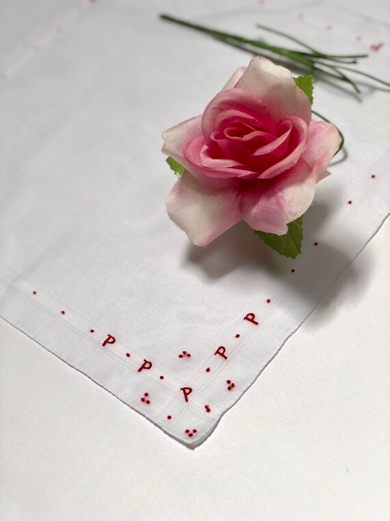 Vintage White Hanky with a Red Initial P  - Hankie