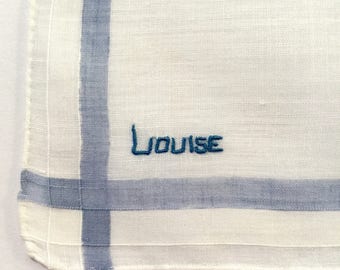Vintage Blue and White Child's Hanky with Louise Embroidered in One Corner - Handkerchief Hankie