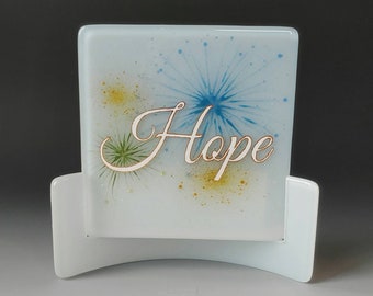 Hope Fused Glass Panel in Stand Blue White 22K Gold Fireworks New Year Inspirational SALE