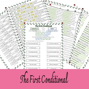 Op de afbeelding: Educatieve werkbladen over de First Conditional, met invuloefeningen en zinsmatching. De werkbladen zijn gedrukt op wit papier met zwarte tekst en zijn versierd met groene bloemenranden. De titel "The First Conditional" is geschreven in een decoratief lettertype.