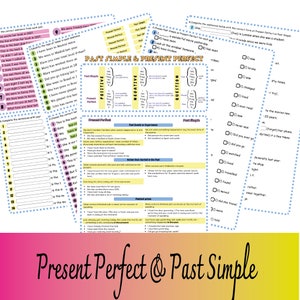 Puede incluir: Hojas de trabajo educativas sobre gramática, específicamente los tiempos pasado simple y presente perfecto. Las hojas de trabajo están impresas en papel blanco con cuadros de texto azules y amarillos. El título "Present Perfect & Past Simple" está escrito en rosa y morado.
