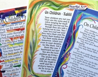 May include: Three colorful prints with a blue, green, and yellow background. Each print features a quote from Kahlil Gibran about children. The text is in a white, black, and red font. The prints are titled "On Children - Kahlil Gibran".