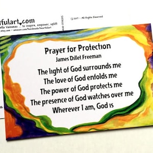 May include: A colorful, abstract painting with a white background and a prayer for protection by James Dillet Freeman. The text reads: "The light of God surrounds me. The love of God enfolds me. The power of God protects me. The presence of God watches over me. Wherever I am, God is."