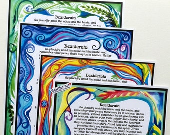 May include: A colorful, abstract design with a quote from the poem "Desiderata" by Max Ehrmann. The poem is printed in black text on a white background. The design features swirls of blue, green, yellow, and red.