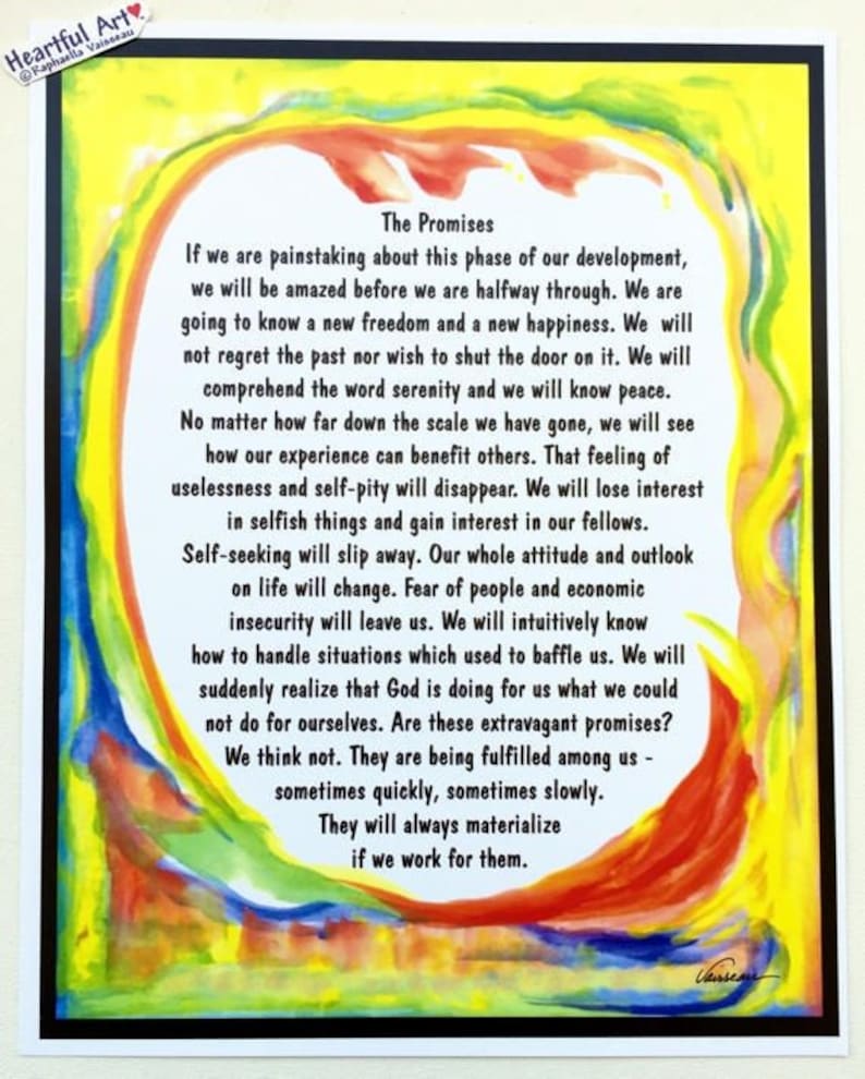 PROMISES AA 11x14 Motivational 12 Step Poster Sobriety Recovery Vigilance Sponsor Inspire Eating Disorder Heartful Art by Raphaella Vaisseau image 1