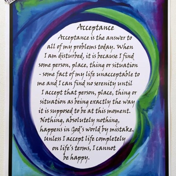 ACCEPTANCE 11x14 Motivational 12 Step Poster Sobriety Recovery Liberate Sponsor Inspire Eating Disorder Heartful Art by Raphaella Vaisseau