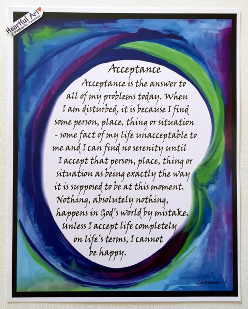 ACCEPTANCE 11x14 Motivational 12 Step Poster Sobriety Recovery Liberate Sponsor Inspire Eating Disorder Heartful Art by Raphaella Vaisseau image 1