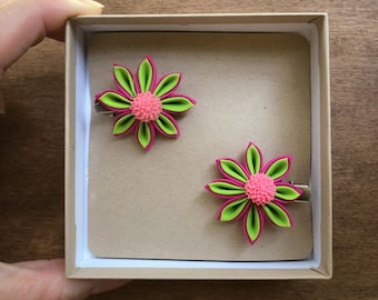 Neon Pink - Vert vintage Kimono Fabric Mini Hair Clips