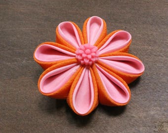 Pince à cheveux à fleurs en tissu Kanzashi orange et rose | fleur de tissu kimono vintage | Mariée alternative | Fleurs de couleur rétro