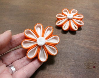 Orange And White Kanzashi Fabric Flower Hair Clip | Vintage Kimono Fabric Flower | Retro Flower Clip | Alternative Bride