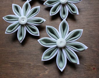 Blanc et douce menthe | Pince à cheveux fleur Kanzashi