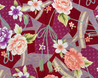Tissu de coton japonais traditionnel magenta rose roses or détail impression 1 yard