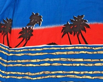 Vintage 80s Palm Tree Bamboo Sunset Border VLV Print Fabric 2 yards +10” x 56”
