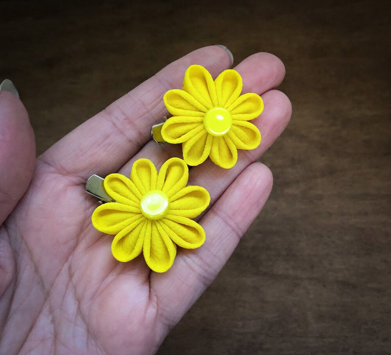 Vibrant Yellow Vintage Kimono Fabric Kanzashi Mini Hair Clips image 2