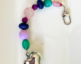Chunky Beaded Bag Charm: Purple, Pink & Green with Heart