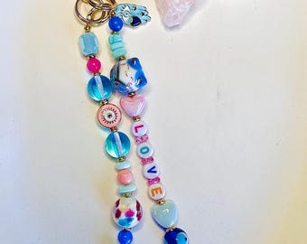 Handmade Beaded Bag Charm: Lucky Cat, Gemstone & Glass Beads