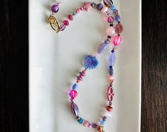 Handmade Beaded Charm Necklace: Eclectic Pink and Purple. Mixed beads.