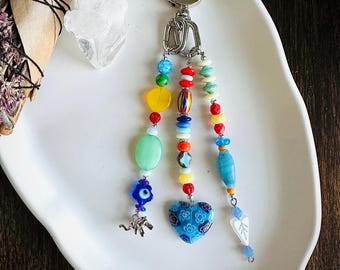 Handmade Beaded Bag Charm: Evil Eye & Elephant Charms