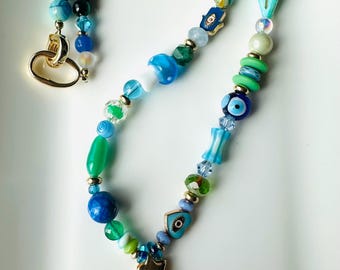Handgemachte Perlen Anhänger Halskette: Eclectic Blau Grün Schmuck