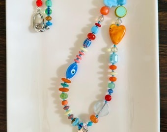 Eclectic Beaded Fish Charm Necklace: Coastal Jewelry