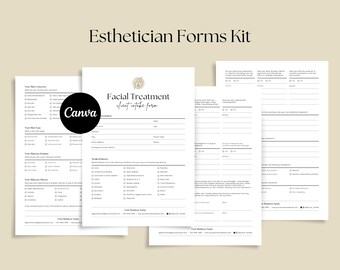 May include: A printable facial treatment client intake form with sections for skin concerns, skin type, medical history, and lifestyle questions. The form is designed for estheticians to gather information from clients before a facial treatment.