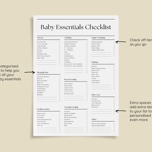 Puede incluir: Una lista de verificaci&oacute;n en blanco y negro con el t&iacute;tulo "Baby Essentials Checklist". La lista de verificaci&oacute;n est&aacute; dividida en categor&iacute;as como "Nursery", "Clothing", "Nappy Changing", "Bathing", "Sleeping Time", "Breast Feeding", "Formula Feeding", "Baby Gear", "Other", y "Health & Safety". Cada categor&iacute;a tiene una lista de art&iacute;culos con casillas de verificaci&oacute;n junto a ellos.