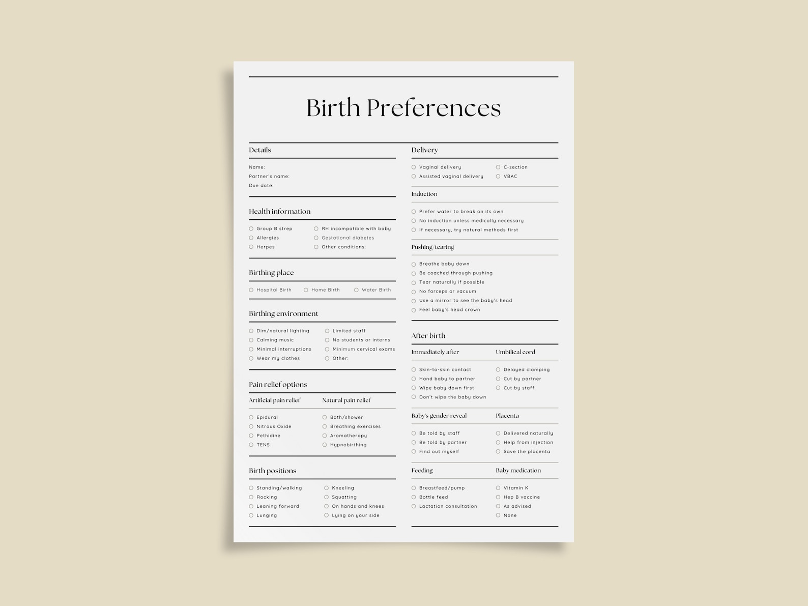 Printable Birth Plan Digital Template, Natural Birthing Plan Template ...