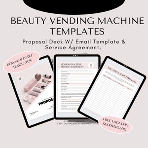 May include: A pink and white digital marketing proposal template for a beauty vending machine business. The template includes a service agreement, a location scouting log, and a proposal deck. The proposal deck includes a business name, a logo, and a presentation date.
