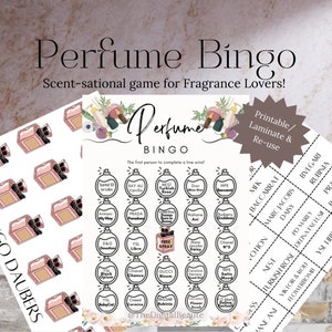 26 cartes de bingo avec échange de parfums modifiables et imprimables : jeux de douche nuptiale, soirée parfumée, carte de bingo de soirée parfumée, échange de parfum. (Canva)