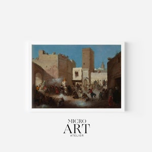 May include: A painting depicting a bustling street scene in a North African city. The scene is filled with people, buildings, and a sense of movement. The painting is done in a realistic style and features warm colors.