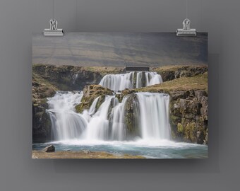 Kirkjufellsfoss Falls- Unframed Photo Printed on Metal or Canvas. Color Photograph of famous falls on Snæfelsnes Peninsula, Iceland.