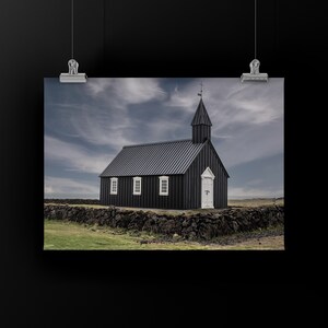 BUDIR Color Print of Búðakirkja Church, Snæfellsnes Peninsula, Iceland. Unframed Color Print, Metal or Canvas. Iconic Black Church. image 1