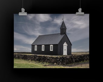 BUDIR -Color Print of Búðakirkja Church, Snæfellsnes Peninsula, Iceland. Unframed Color Print, Metal or Canvas. Iconic Black Church.