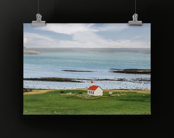 TINY RED ROOF -Color Print of Country Church, Stykkishólmur Iceland on the Snaefellsnes Peninsula. Unframed Color Print, Metal or Canvas.