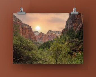 ZION SUNSET - Unframed Photo Printed on Metal or Canvas. Color Photograph of Zion National Park in Springdale Utah Gift For Outdoor Lover