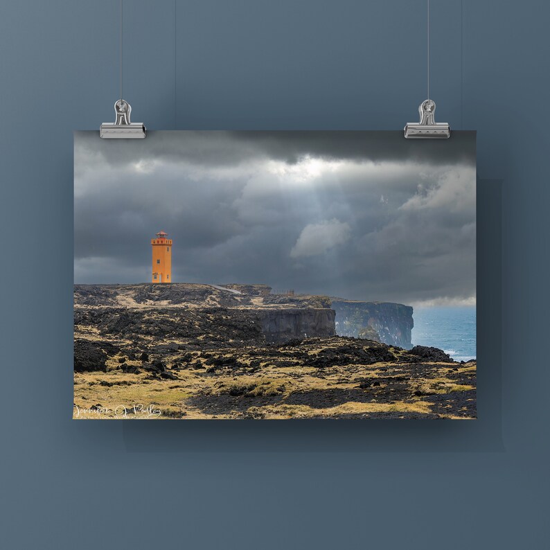 Svortuloft Storm Unframed Photo Printed on Metal or Canvas. Color Photograph of Svörtuloft Lighthouse on Snæfelsnes Peninsula, Iceland. image 1