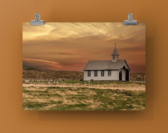 WORSHIP ICELAND -Color Print of Country Church, Snæfellsnes Peninsula, Iceland. Unframed Color Print, Metal or Canvas.