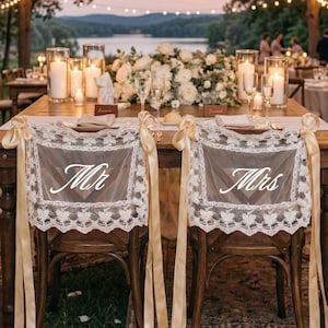Mr and Mrs Signs, Vintage Lace Sweetheart Chair Banner, Sheer Wedding Chair Sashes