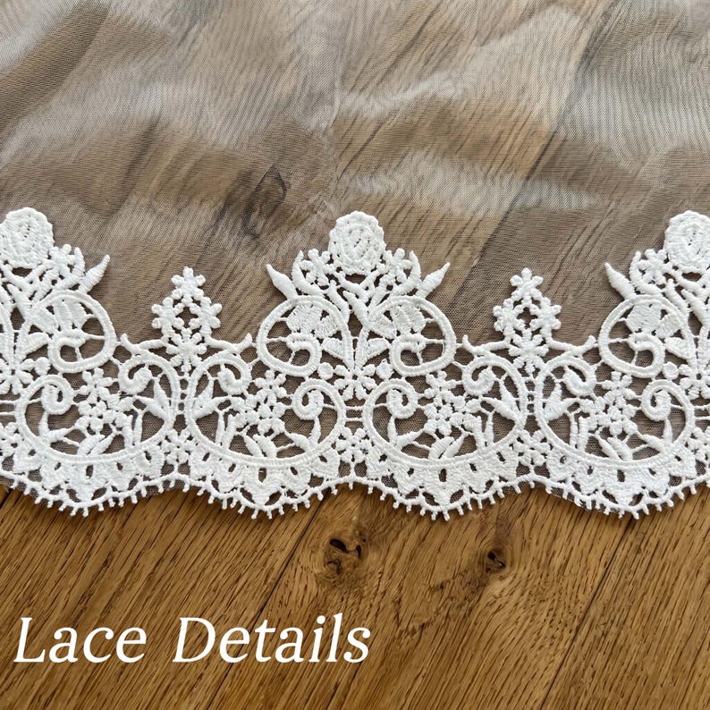Puede incluir: Primer plano de un ribete de encaje blanco con intrincados dise&ntilde;os florales y de volutas. El encaje se coloca sobre una tela transparente y un fondo de madera. El texto "Lace Details" est&aacute; en la parte inferior.