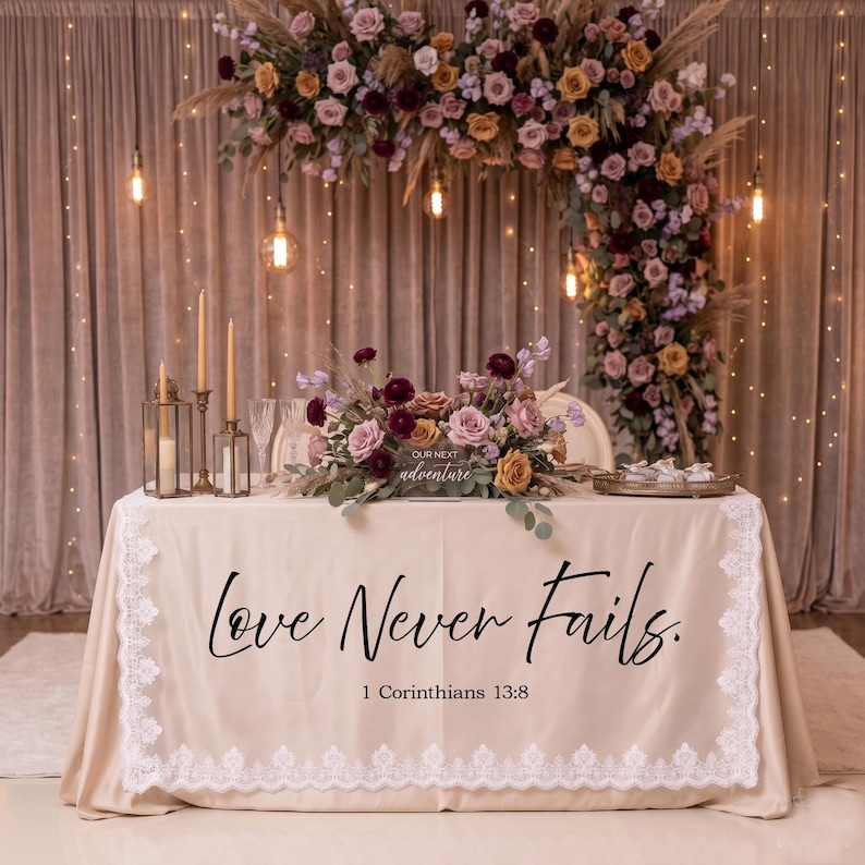 Puede incluir: Una mesa decorada con un mantel crema con encaje y la frase "Love Never Fails". Arreglos florales, velas y un arco floral adornan la mesa, creando un ambiente rom&aacute;ntico.