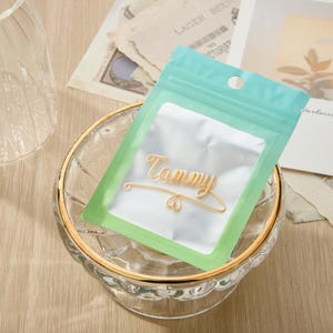 May include: A clear plastic bag with a green and blue gradient design. The bag contains a gold-colored metal nameplate with the word "Tammy" written on it.